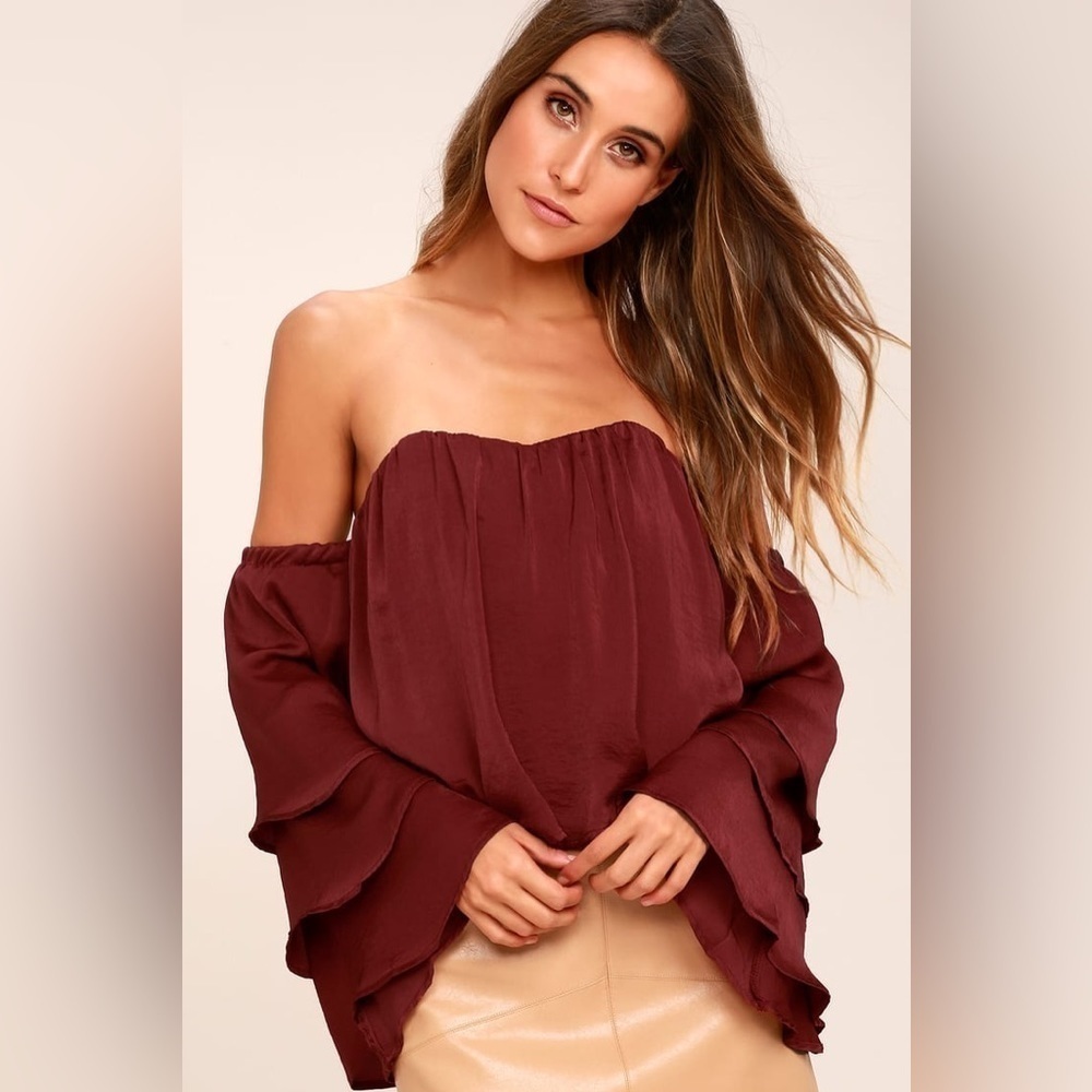 Lulus Size M Burgundy Satin Up a Notch Off The Shoulder Layered Sleeves Crop Top